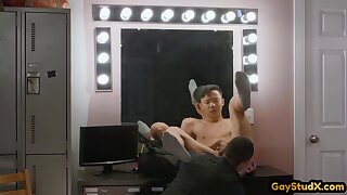 IR Asian twink rimmed and barebacked by Black security stud