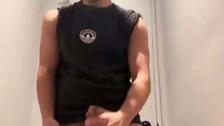 3 different jerking sessions. First one involves a lot of spitting on cock. Second one is public bathroom. Third one is the pay off.