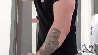 Hot man jerks in public bathroom