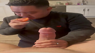 Fem fag removes dentures to gum a fat white cock