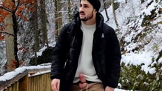 Guy walks in the woods with cock out
