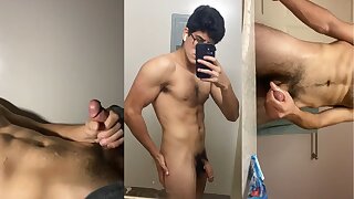 Hot nerd baited has huge cumshots over himself