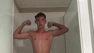 Guy scared to get caught in the communal showers so he’s being quick, look at that sexy tattoo
