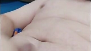 Chubby teen cums on his chest