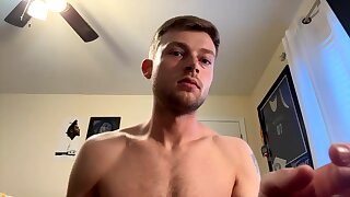 Straight white guy jerks off his huge cock in his room