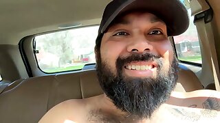 He was so horny that he jerks off in his vehicle and cums all over his hairy body